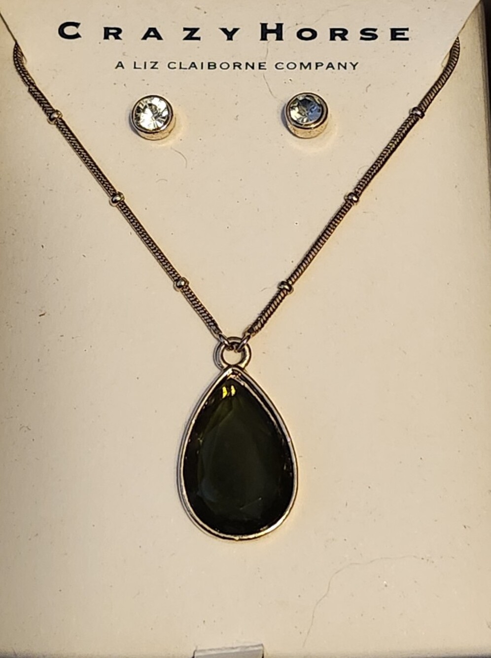 Black Teardrop Pendant Necklace & Solitare Stud Earrings - New In Box
